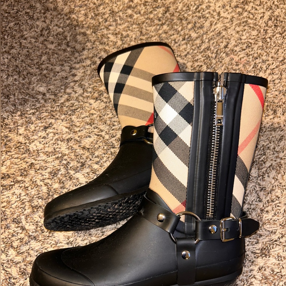 Burberry Holloway Nova Check Belted Rubber Canvas Rain Boots